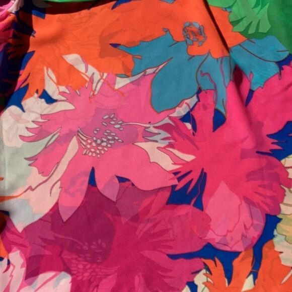 SHEIN NEW BOHOFLORAL PRINT ASYMMETRICAL NECK LANTERN SLEEVES BLOUSE TOP HOT PINK - Picture 5 of 7